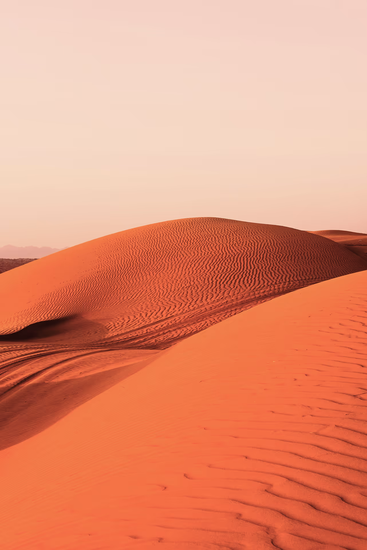 Orange sand dunes with rippled patterns under a clear sky at sunset or sunrise.
