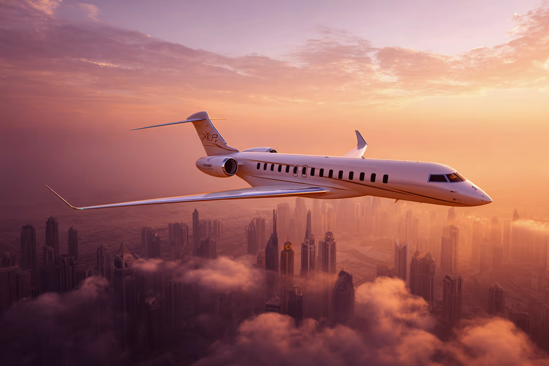 Private jet flying over a cityscape with skyscrapers and clouds at sunset.
