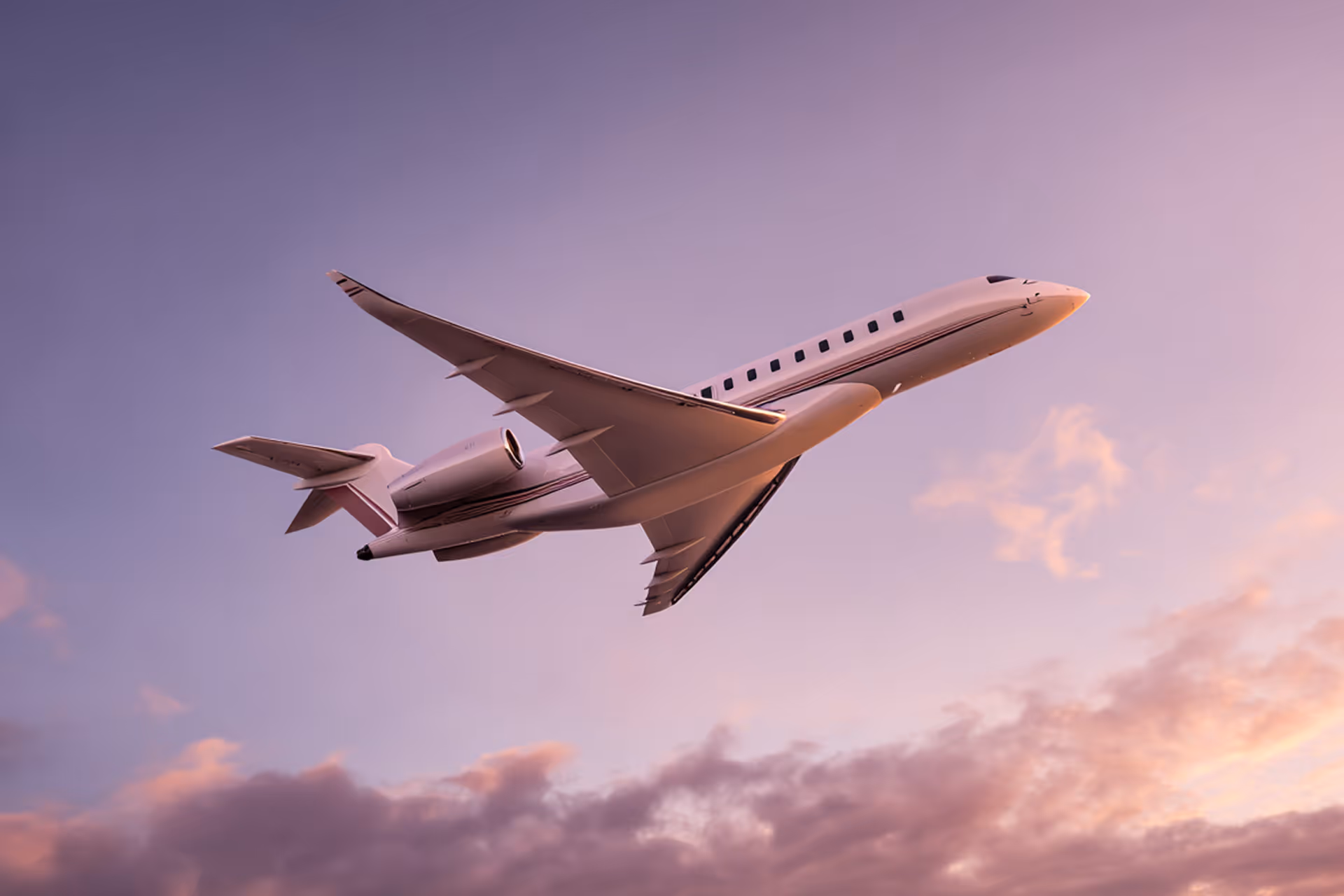 Private jet flying upward against a pink and purple sunset sky with scattered clouds.
