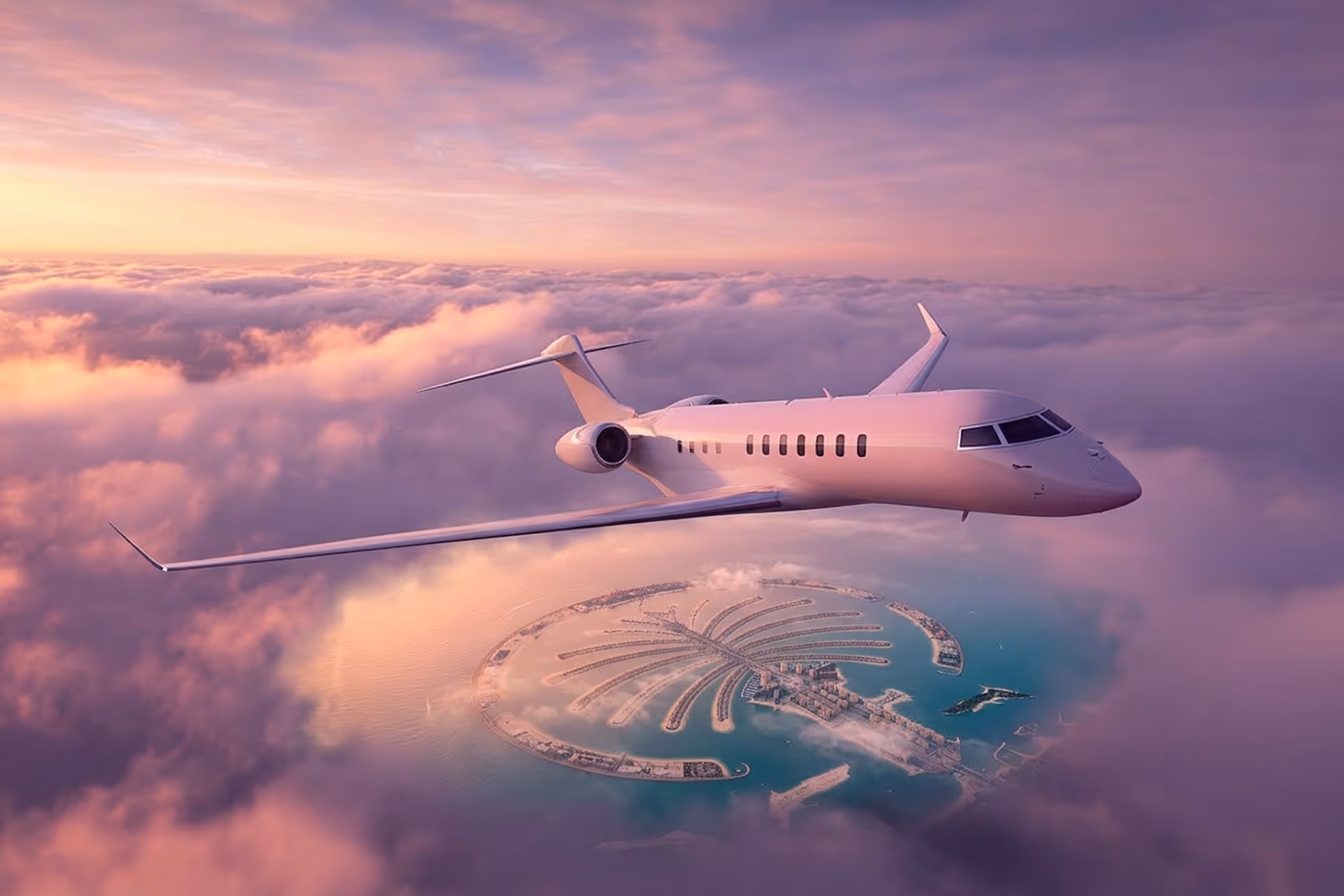 Private jet flying above pink and purple clouds over Palm Jumeirah island in Dubai at sunset.