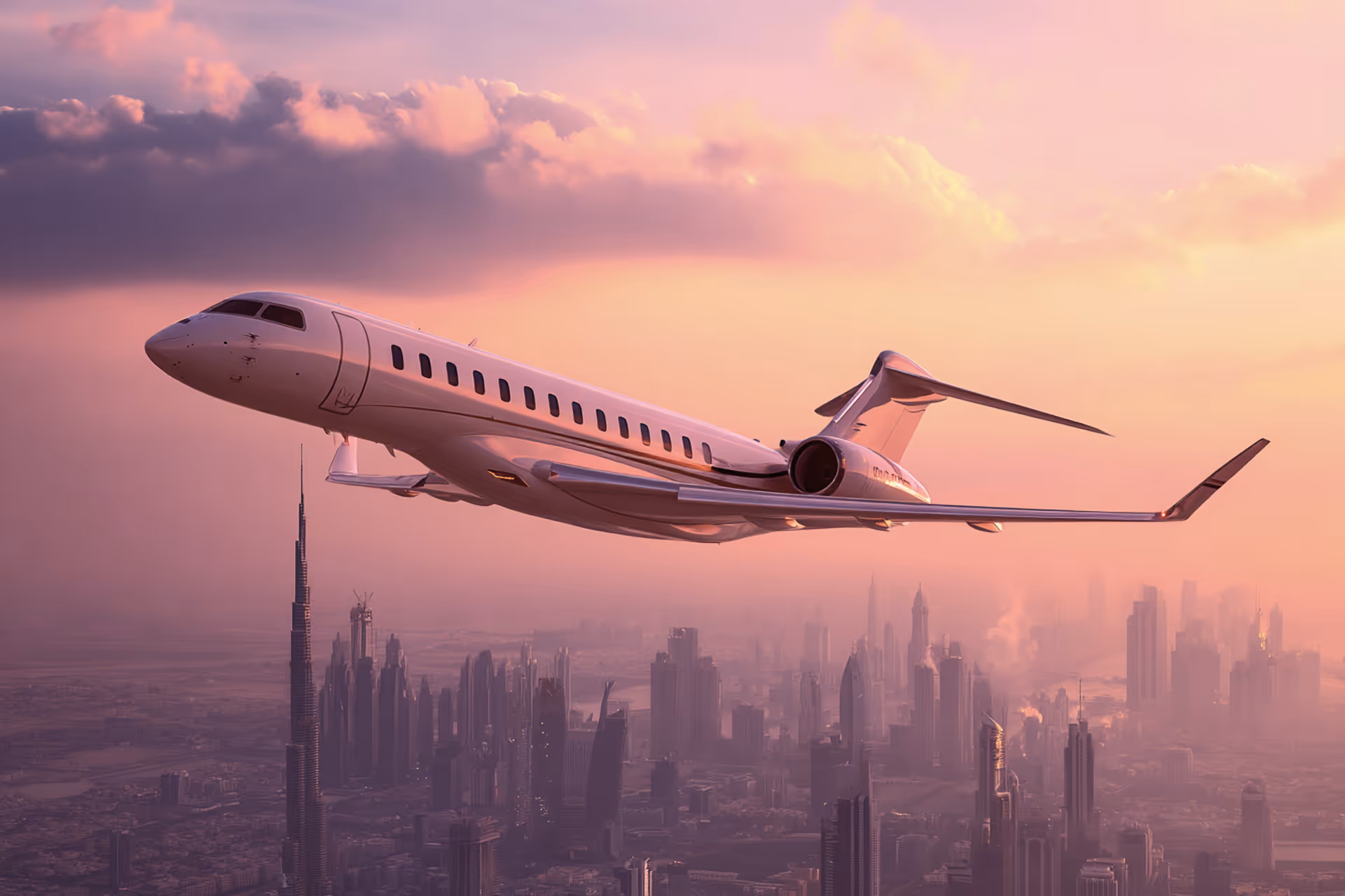 Private jet flying above a city skyline at sunset with skyscrapers and a tall, pointed tower below.